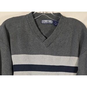 Structure Mens‎ V Neck Sweater Dark Gray Light Gray Navy Stripe XL Cotton Y2K